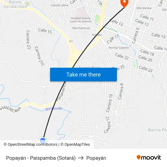 Popayán - Paispamba (Sotará) to Popayán map