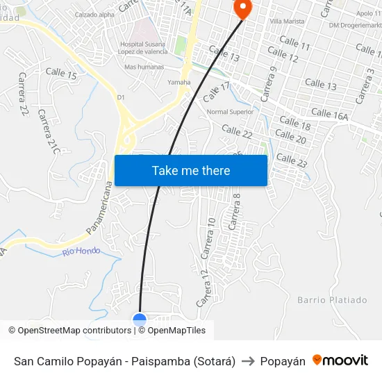 San Camilo Popayán - Paispamba (Sotará) to Popayán map