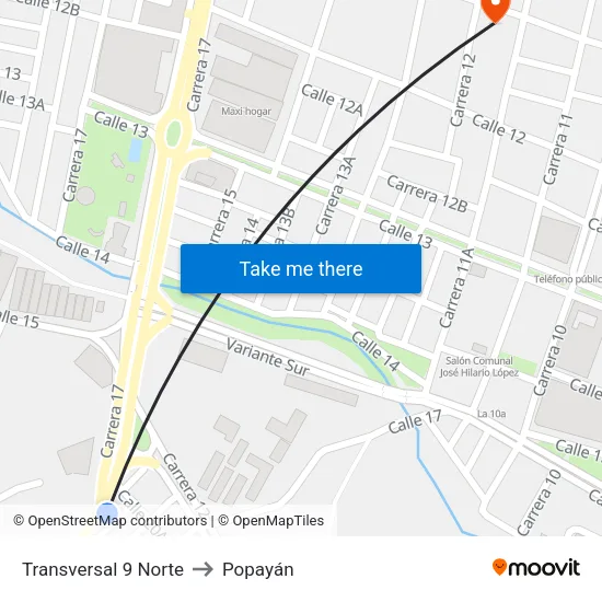Transversal 9 Norte to Popayán map