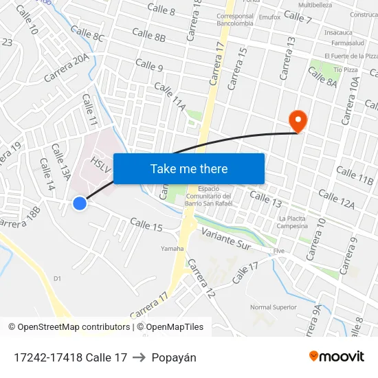 17242-17418 Calle 17 to Popayán map