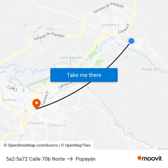 5a2-5a72 Calle 70b Norte to Popayán map