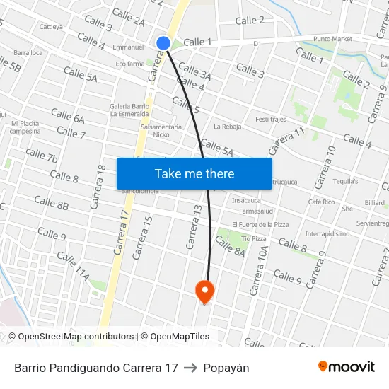 Barrio Pandiguando Carrera 17 to Popayán map