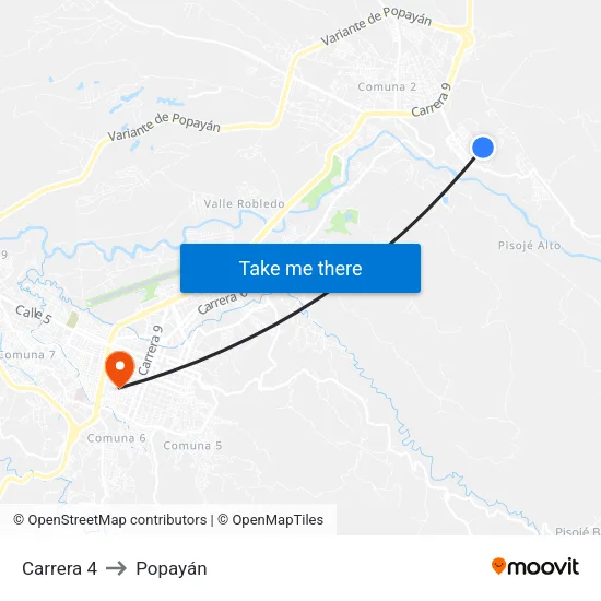 Carrera 4 to Popayán map