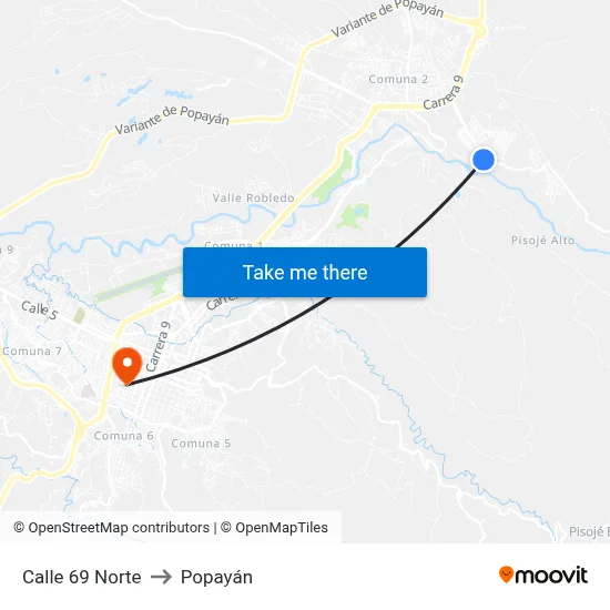 Calle 69 Norte to Popayán map