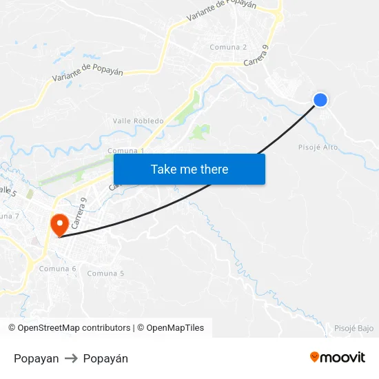 Popayan to Popayán map