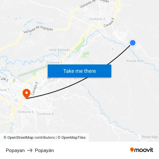 Popayan to Popayán map