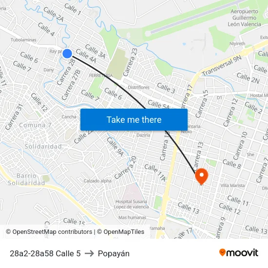28a2-28a58 Calle 5 to Popayán map