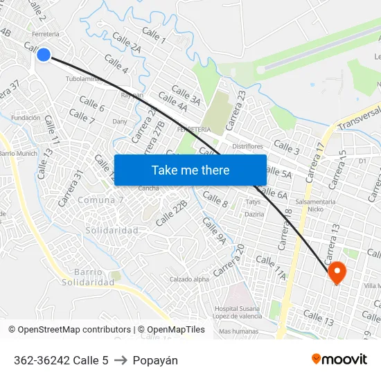362-36242 Calle 5 to Popayán map
