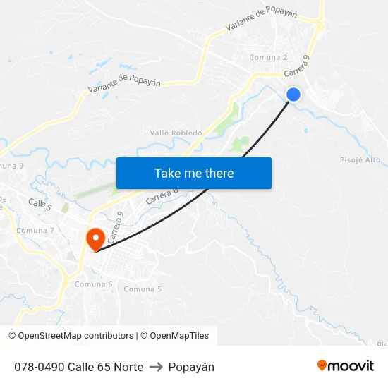 078-0490 Calle 65 Norte to Popayán map