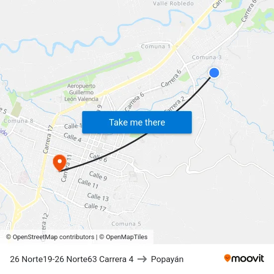 26 Norte19-26 Norte63 Carrera 4 to Popayán map