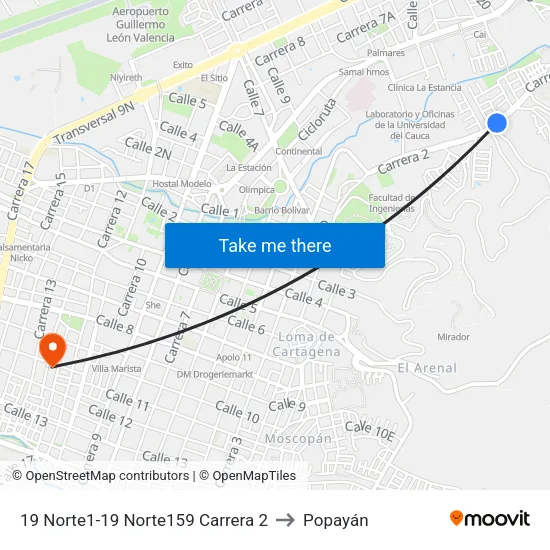 19 Norte1-19 Norte159 Carrera 2 to Popayán map
