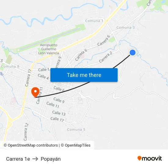 Carrera 1e to Popayán map