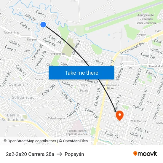 2a2-2a20 Carrera 28a to Popayán map