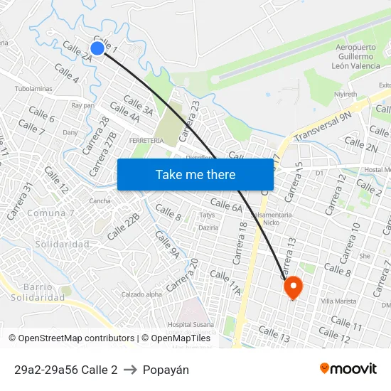 29a2-29a56 Calle 2 to Popayán map