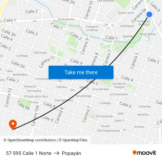57-595 Calle 1 Norte to Popayán map