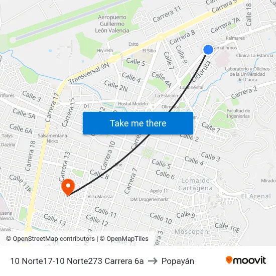 10 Norte17-10 Norte273 Carrera 6a to Popayán map