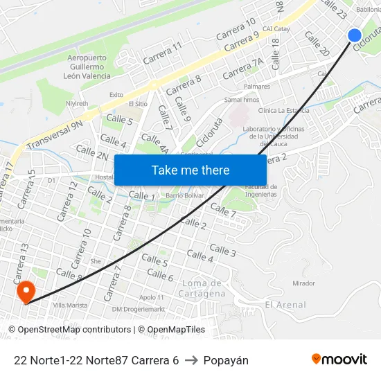 22 Norte1-22 Norte87 Carrera 6 to Popayán map