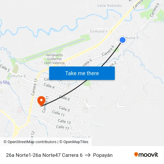 26a Norte1-26a Norte47 Carrera 6 to Popayán map