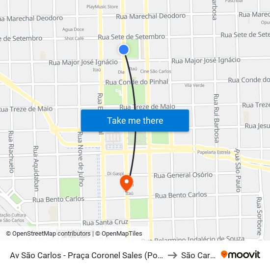 Av São Carlos - Praça Coronel Sales (Pombos) to São Carlos map