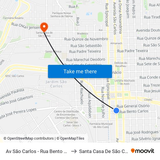 Av São Carlos - Rua Bento Carlos to Santa Casa De São Carlos map