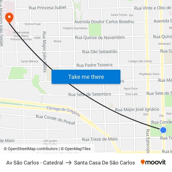Av São Carlos - Catedral to Santa Casa De São Carlos map