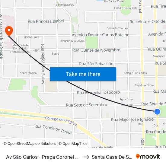 Av São Carlos - Praça Coronel Sales (Pombos) to Santa Casa De São Carlos map