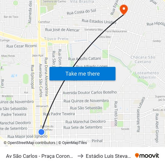 Av São Carlos - Praça Coronel Sales (Pombos) to Estádio Luís Stevan De Siqueira map