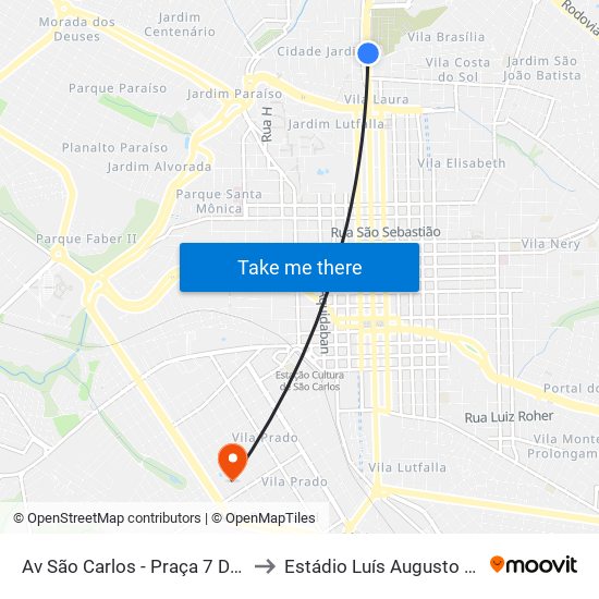 Av São Carlos - Praça 7 De Setembro to Estádio Luís Augusto De Oliveira map