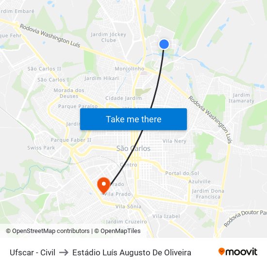 Ufscar - Civil to Estádio Luís Augusto De Oliveira map