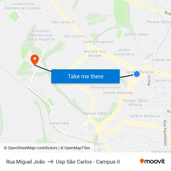 Rua Miguel João to Usp São Carlos - Campus II map