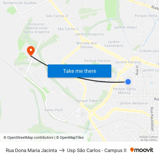 Rua Dona Maria Jacinta to Usp São Carlos - Campus II map