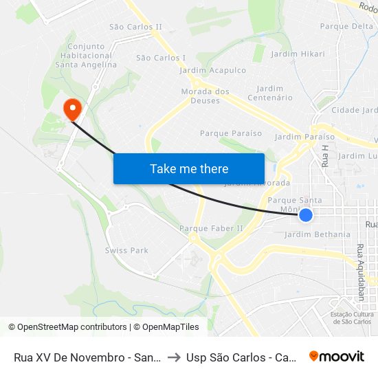 Rua XV De Novembro - Santa Casa to Usp São Carlos - Campus II map