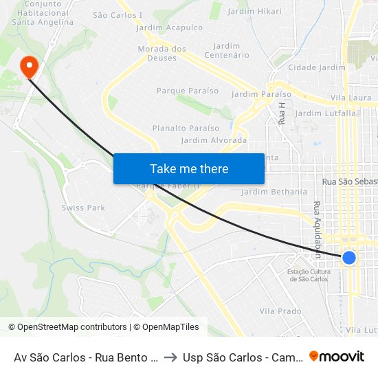 Av São Carlos - Rua Bento Carlos to Usp São Carlos - Campus II map