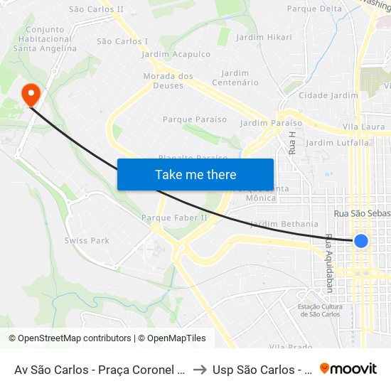 Av São Carlos - Praça Coronel Sales (Pombos) to Usp São Carlos - Campus II map