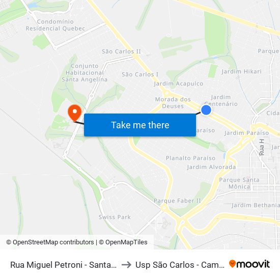 Rua Miguel Petroni - Santa Marta to Usp São Carlos - Campus II map