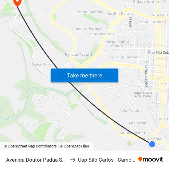 Avenida Doutor Padua Salles to Usp São Carlos - Campus II map