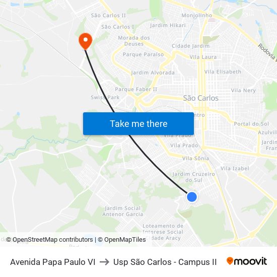 Avenida Papa Paulo VI to Usp São Carlos - Campus II map