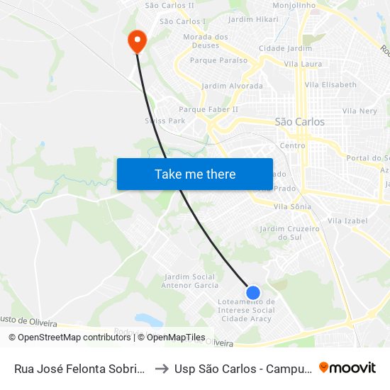 Rua José Felonta Sobrinho to Usp São Carlos - Campus II map