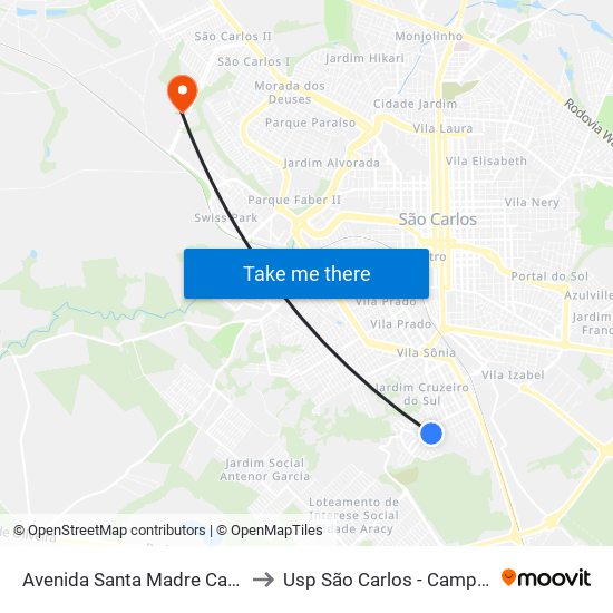 Avenida Santa Madre Cabrini to Usp São Carlos - Campus II map