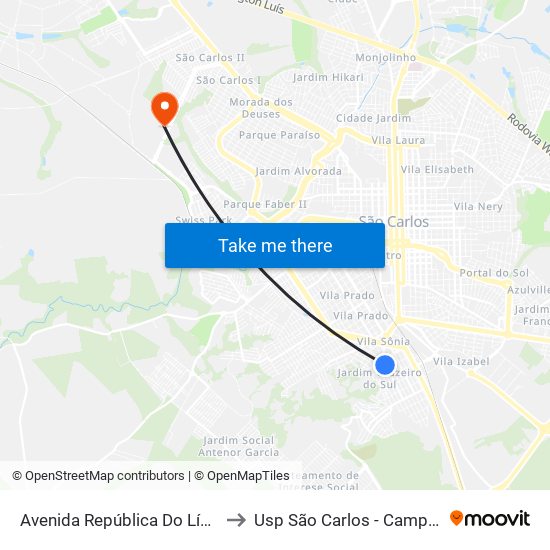 Avenida República Do Líbano to Usp São Carlos - Campus II map