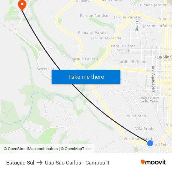 Estação Sul to Usp São Carlos - Campus II map