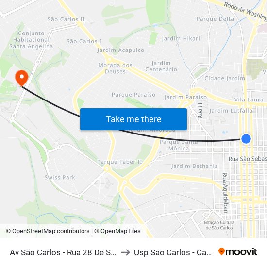 Av São Carlos - Rua 28 De Setembro to Usp São Carlos - Campus II map