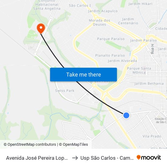 Avenida José Pereira Lopes 978 to Usp São Carlos - Campus II map