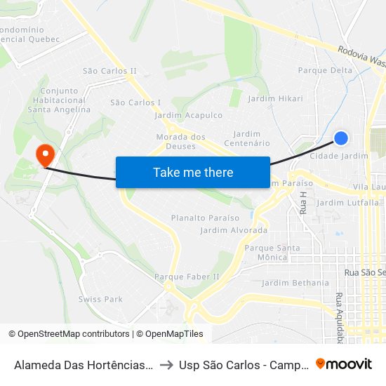 Alameda Das Hortências 621 to Usp São Carlos - Campus II map