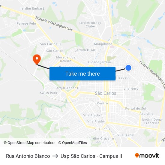 Rua Antonio Blanco to Usp São Carlos - Campus II map