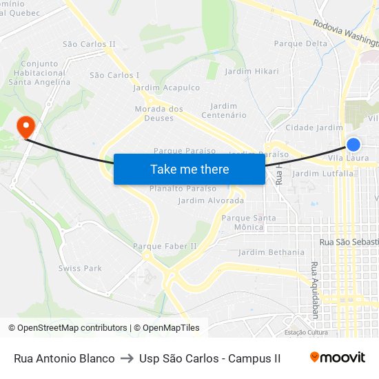 Rua Antonio Blanco to Usp São Carlos - Campus II map