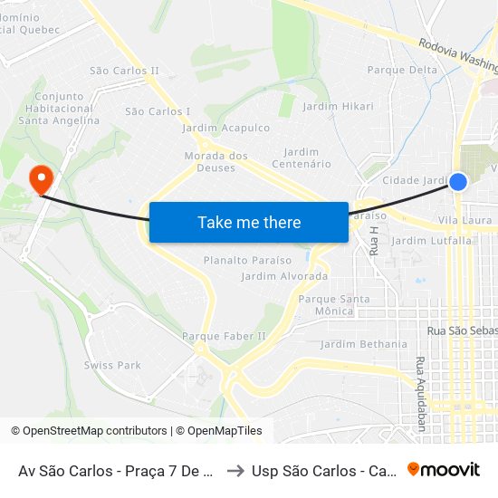 Av São Carlos - Praça 7 De Setembro to Usp São Carlos - Campus II map