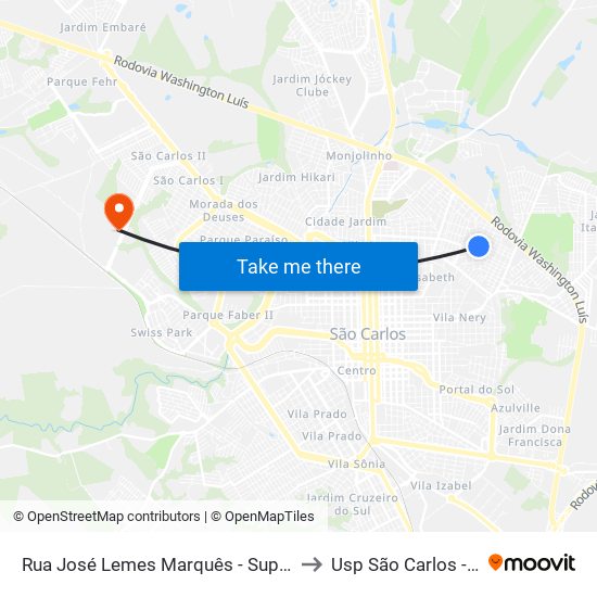 Rua José Lemes Marquês - Supermercado Paraná to Usp São Carlos - Campus II map