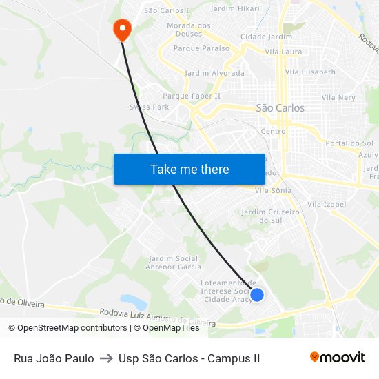 Rua João Paulo to Usp São Carlos - Campus II map