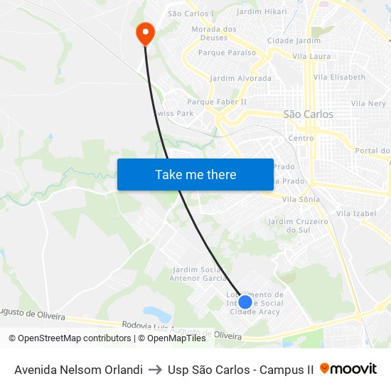 Avenida Nelsom Orlandi to Usp São Carlos - Campus II map